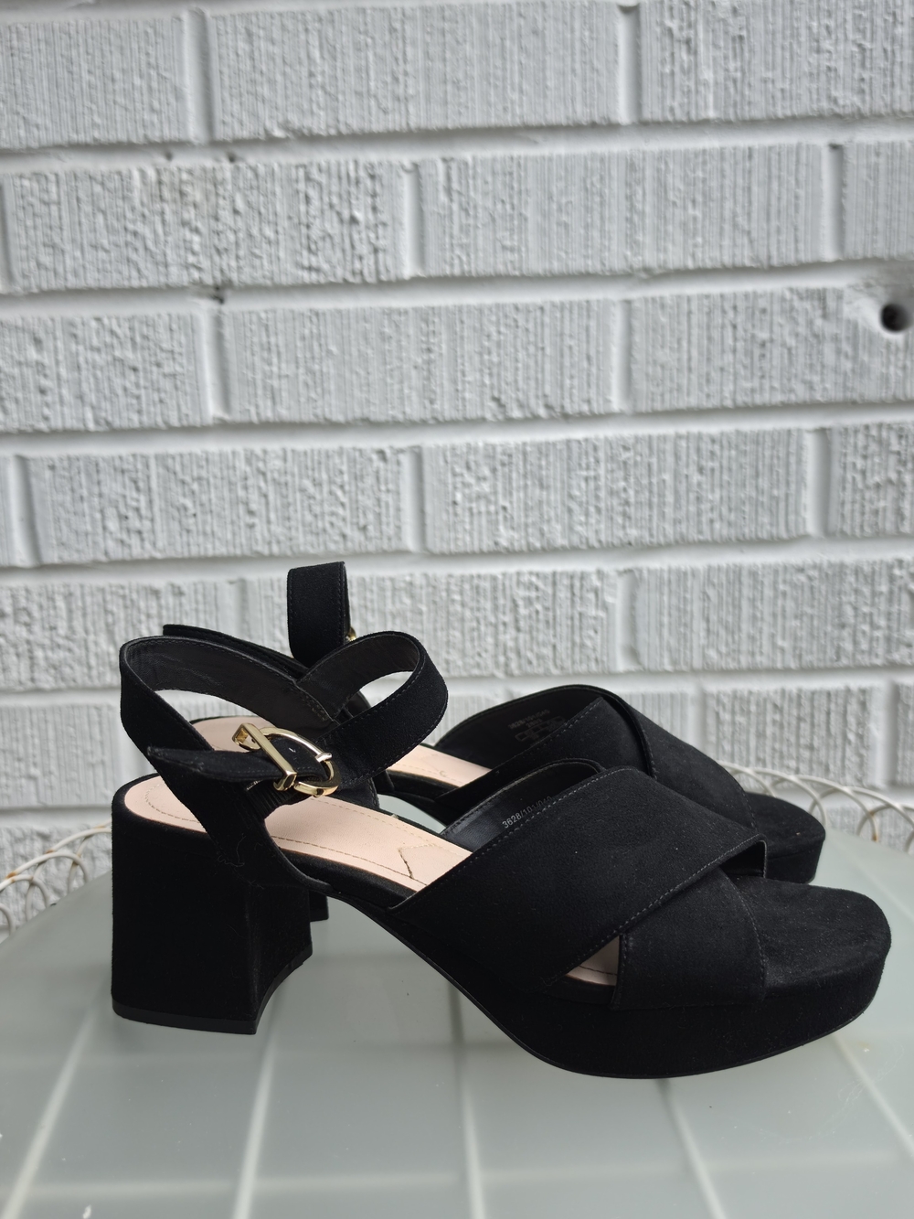 Zara Black Chunky Suede Block Heel Strappy Sandals